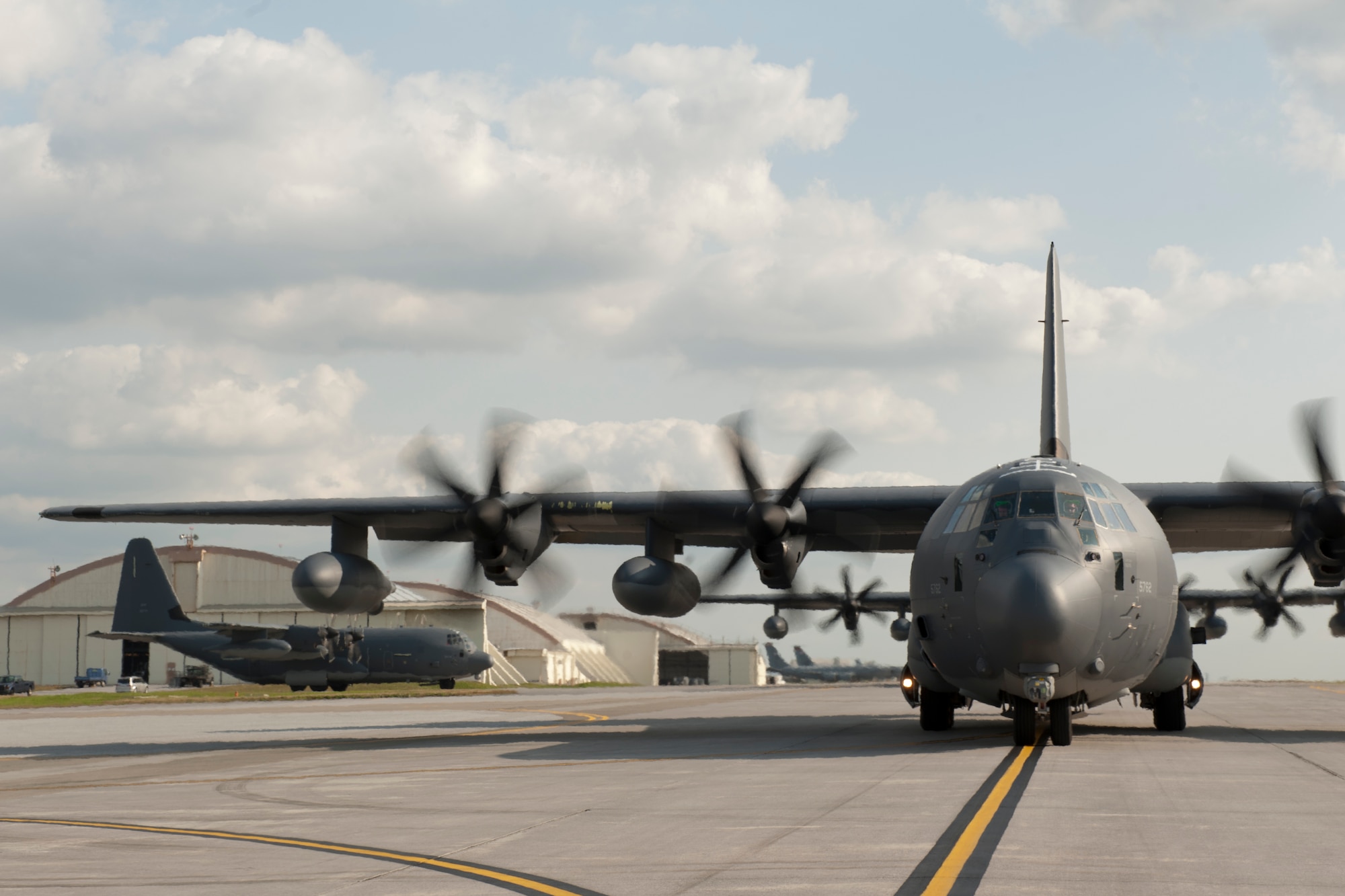 U.S. Air Force MC-130J Command II's assigned to the 17th Special Operations Squadron taxi down the runway Feb. 17, 2016, at Kadena Air Base, Japan. The 17th SOS conducted a unit-wide training exercise which tasked the entire squadron with a quick-reaction, full-force sortie involving a five-ship formation flight, cargo drops, short runway landings and takeoffs, and helicopter air-to-air refueling. (U.S. Air Force photo by Senior Airman Peter Reft)