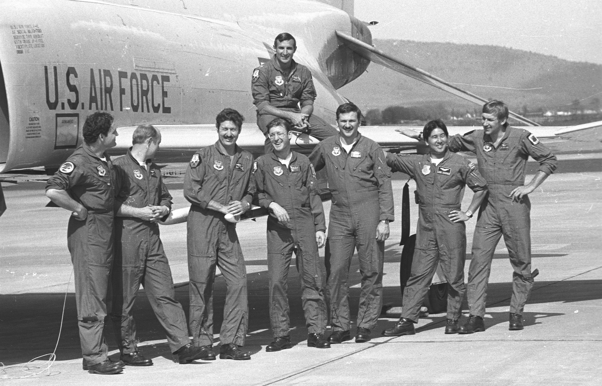 U.S. Air Force F-4 Phantom instructor pilots and weapons systems officers from the 114th Tactical Fighter Training Squadron pose for a photo in front of an F-4 at Kingsley Field in Klamath Falls, Oregon in 1985.  An F-4 training schoolhouse for Air National Guard pilots and WSOS was opened at Kingsley Field in 1985. (U.S. Air National Guard file photo/released)