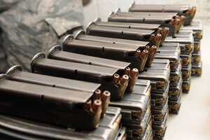 The 633rd Security Forces Squadron armory provides approximately 50 Service members daily with the vital weapons and equipment needed to guard and defend Langley Air Force Base. The SFS armory checks all ammunition to make sure it is accounted for during shift changes. (U.S. Air Force photo by Senior Airman Brittany E. N. Murphy)