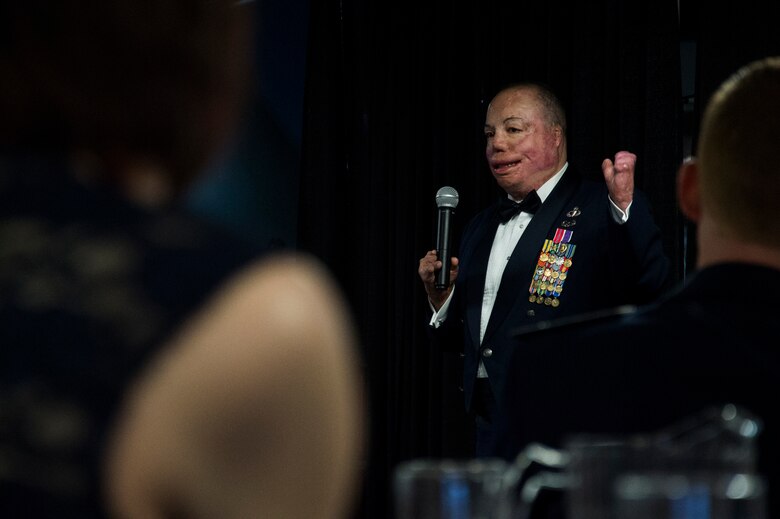 Tech. Sgt. Israel Del Toro Jr. shares his story of hope and teamwork during the GPS Heritage Gala Friday, Feb. 19, 2016, at the Space Foundation in Colorado Springs, Colorado. The event was designed to inspire the GPS community. (U.S. Air Force photo/Tech. Sgt. Julius Delos Reyes)