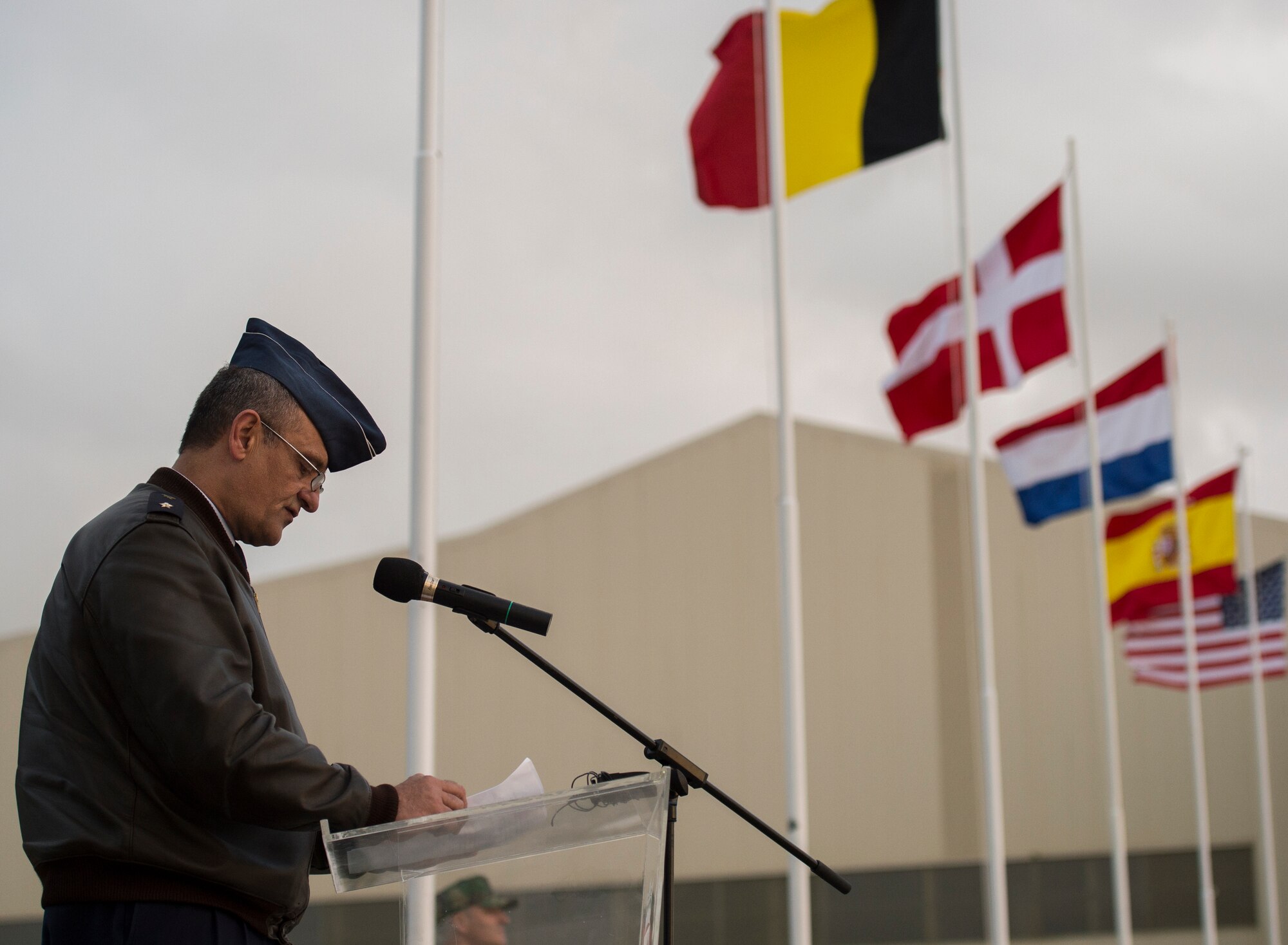 Brig. Gen. Barros Ferreira, Portuguese air force director of air operations, welcomes participating service members to exercise Real Thaw 16 during an opening ceremony in Beja, Portugal, Feb. 21. Real Thaw 16 is a Portuguese-hosted NATO exercise that provides tactical training to multiple participating nations. Its aim is to merge and employ different aerial platforms towards one major objective, covering a vast range of activities to include Defensive and Offensive Counter Air Operations, High Value Air Assets Protection and a Slow Mover Protection. Nations participating this year include the U.S., Portugal, Belgium, Denmark, France, Netherlands, Norway and Spain. (U.S. Air Force photo/Senior Airman Jonathan Stefanko)