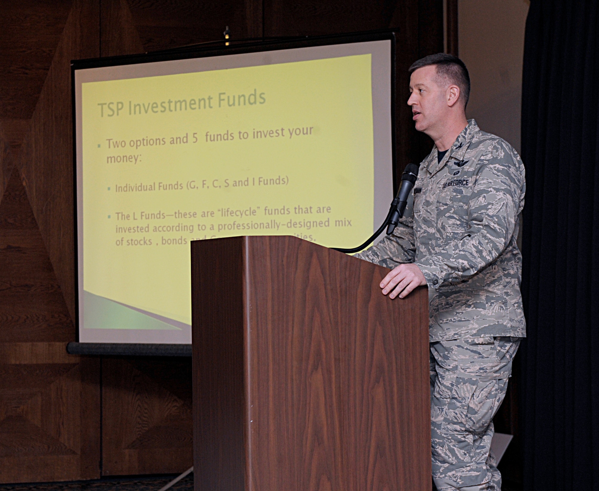 Col. Brandon R. Hileman, 86th Airlift Wing vice commander, gives opening remarks during the Military Saves Week kickoff Feb. 19, 2016, at Ramstein Air Base, Germany. Military Saves Week is a product of the Department of Defense recognizing the need for leaders to enable financial education for service members, DOD civilians and family members. The theme for the 2016 Military Saves Week is “Make Saving Automatic.” (U.S. Air Force photo/Staff Sgt. Timothy Moore) 