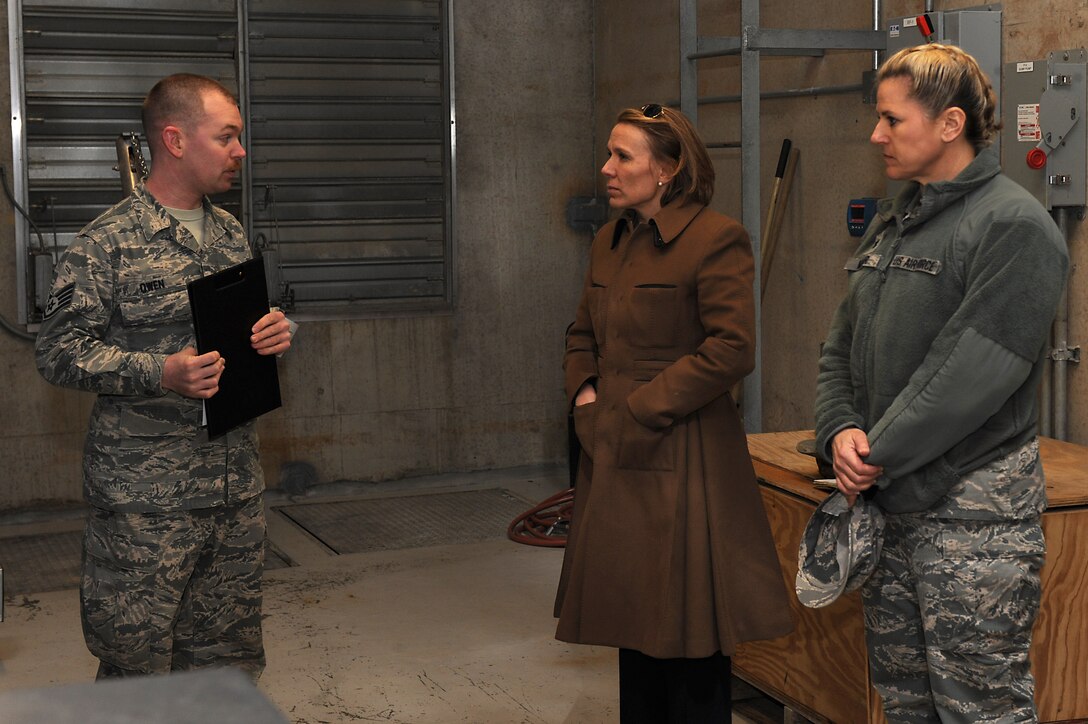 U.S. Air Force Staff Sgt. Ronald Owen, 633rd Civil Engineer Squadron water and fuels systems maintenance craftsman, briefs the Honorable Miranda Ballentine, Assistant Secretary of the Air Force for Installations, Environment and Energy, on the storm pump house at Langley Air Force Base, Va., Feb. 18, 2016.  Ballentine received a tour of the installation to show the Air Force’s aging infrastructure and how to manage constrained resources. (U.S. Air Force photo by Senior Airman Brittany E. N. Murphy)