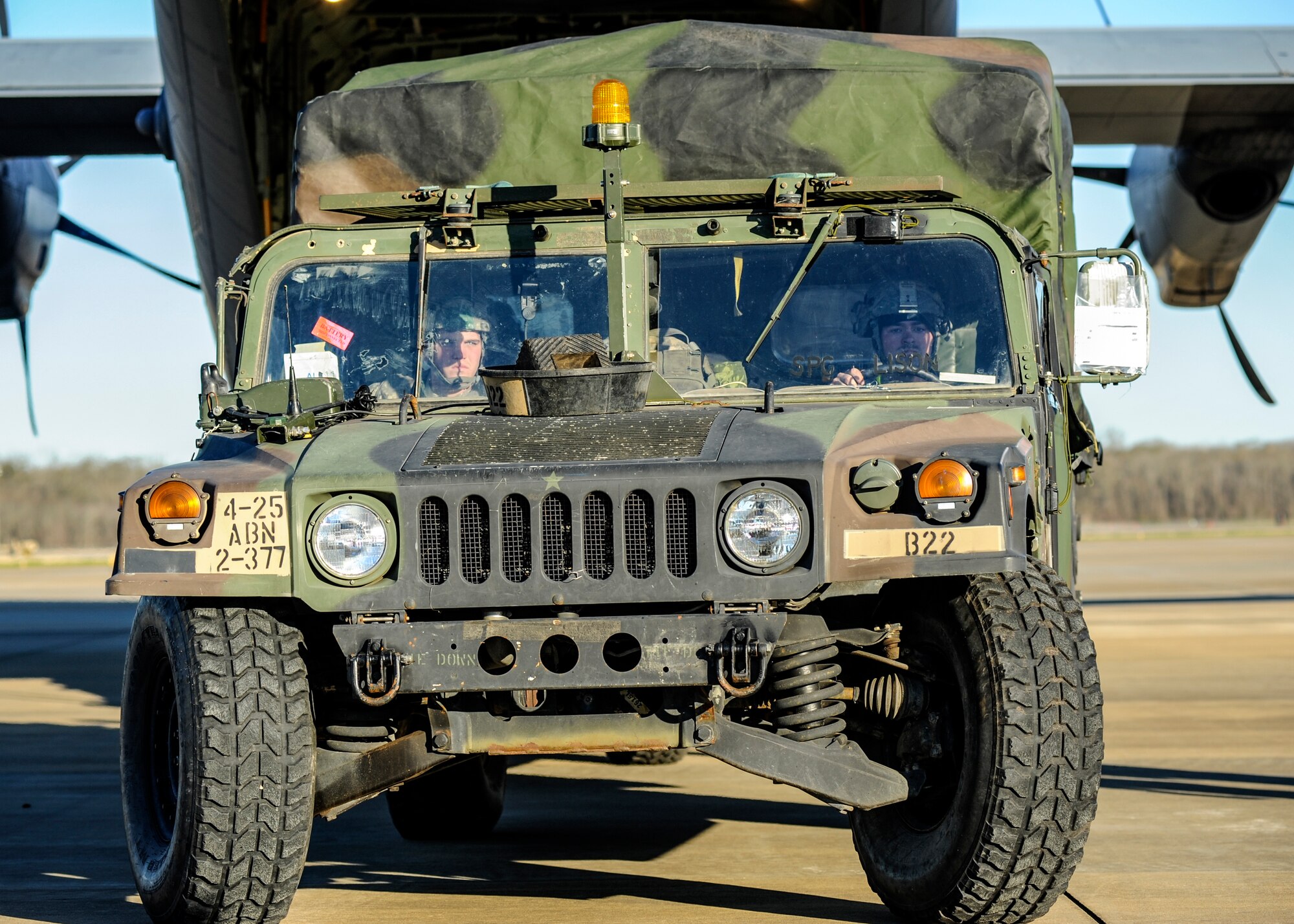 U.S. Army Soldiers load a Humvee onto a C-130J from Dyess Air Force Base, Texas, during GREEN FLAG 16-04, Feb. 17, 2016, near Fort Polk, La. U.S. Air Force Airmen worked hand-in-hand with Soldiers to load, unload and drop various cargo during the large-scale air mobility exercise. (U.S. Air Force photo/Senior Airman Harry Brexel)