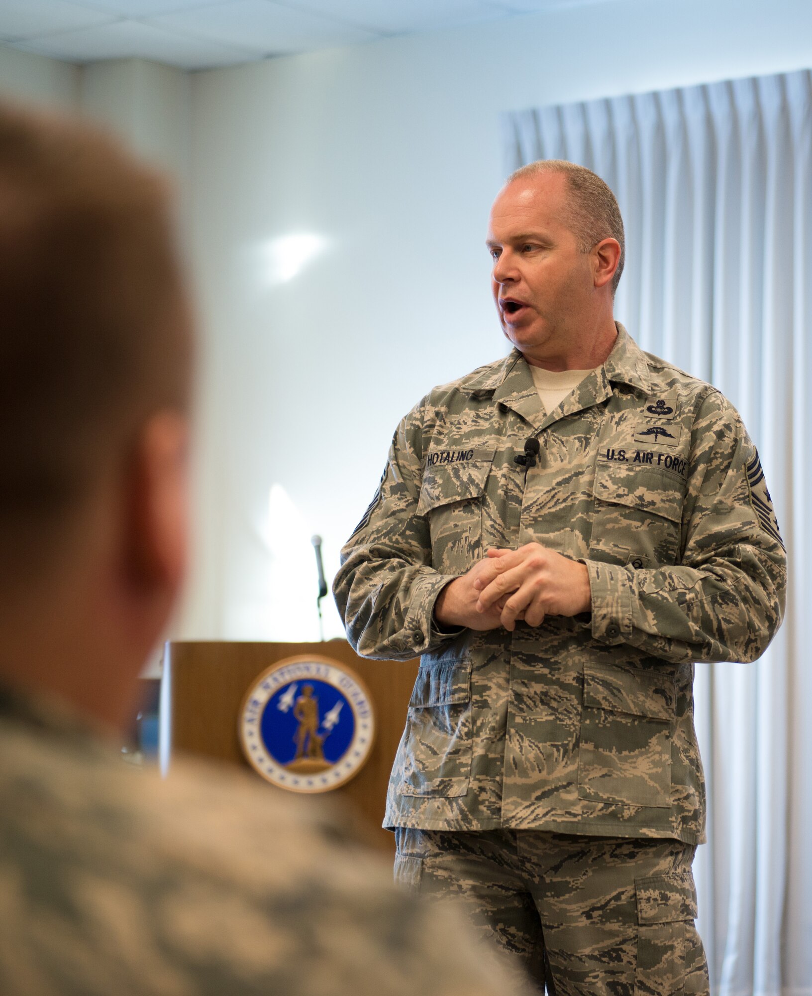 U.S. Air Force Chief Master Sgt. James Hotaling, command chief, Air National Guard, conducted a town hall meeting with enlisted members during his visit to Otis Air National Guard Base, Mass., Feb. 7, 2016. Hotaling discussed current issues facing the Air National Guard and answered questions from wing members.