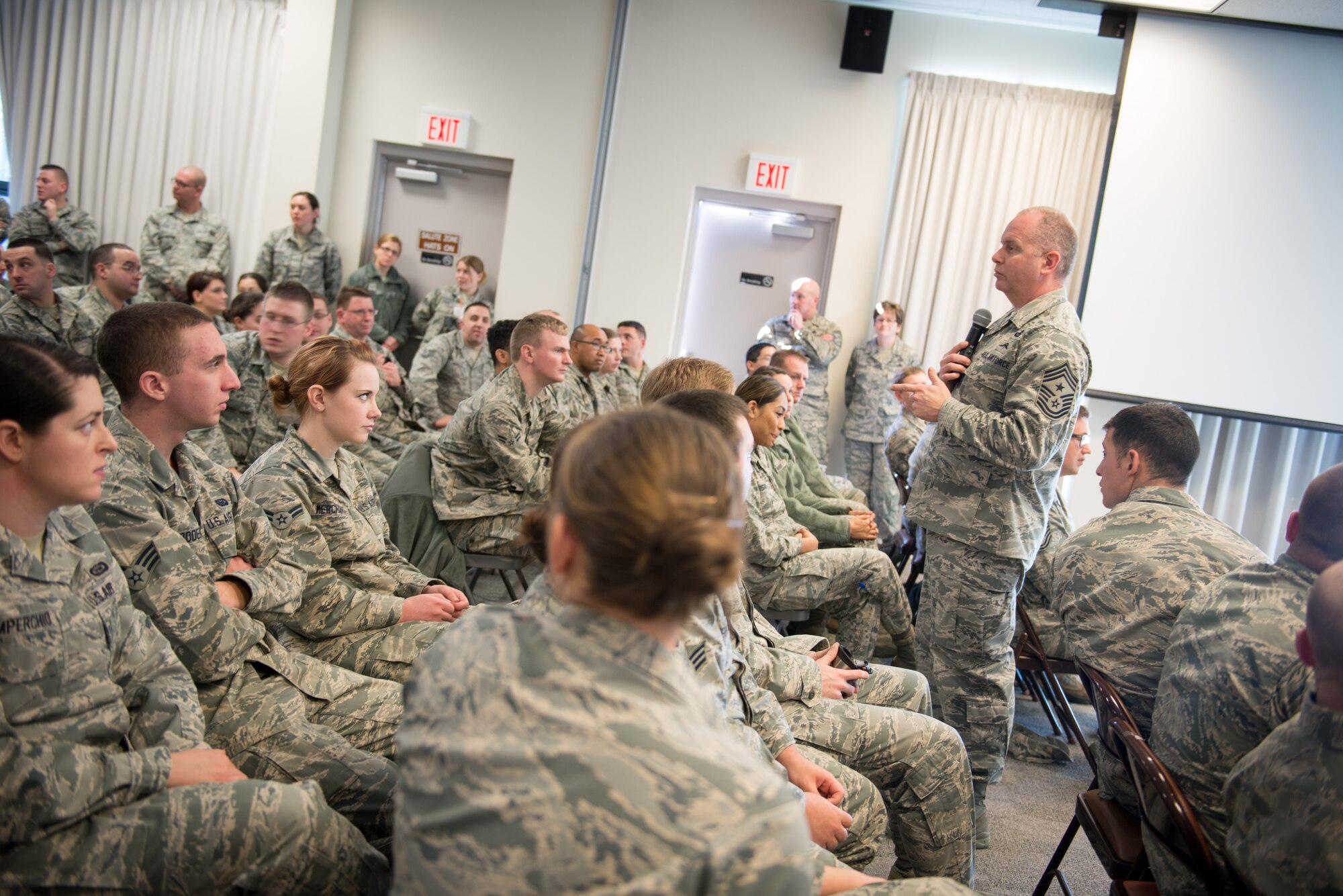 U.S. Air Force Chief Master Sgt. James Hotaling, command chief, Air National Guard, conducted a town hall meeting with enlisted members during his visit to Otis Air National Guard Base, Mass., Feb. 7, 2016. Hotaling discussed current issues facing the Air National Guard and answered questions from wing members. (U.S. Air National Guard photo by Tech. Sgt. Kerri Spero/Released)