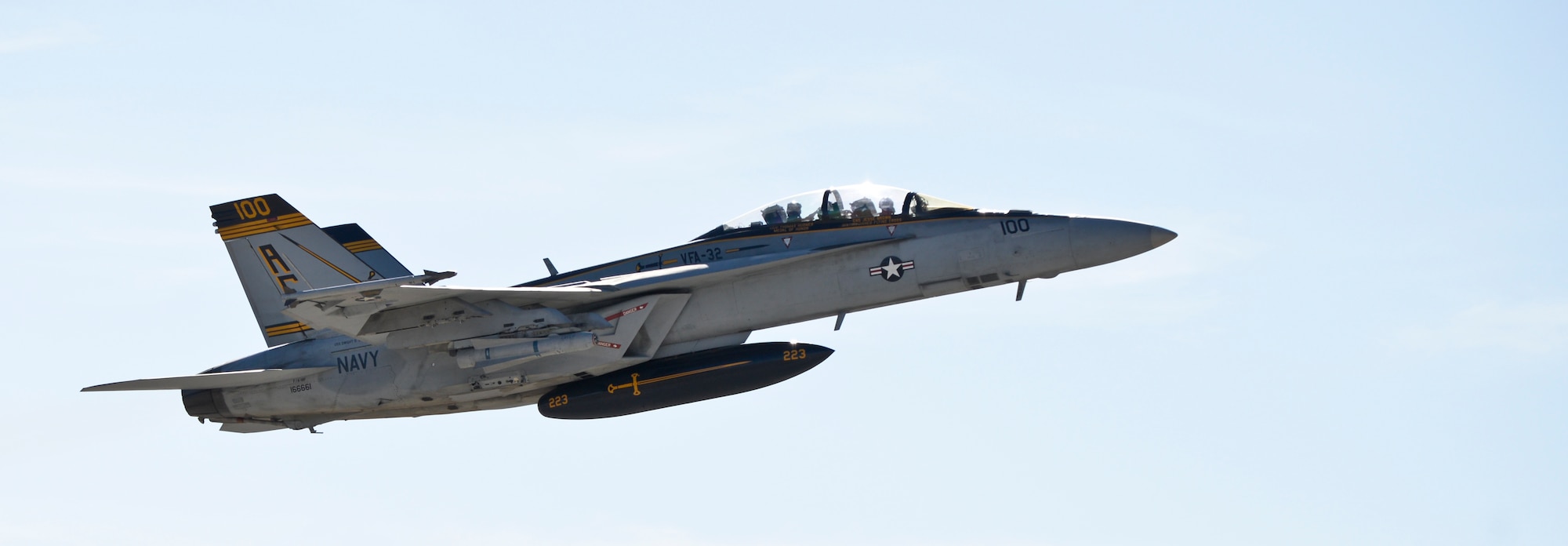 An F/A-18F Super Hornet takes off from Ellsworth Air Force Base, S.D., Feb. 19, 2016. Eleven Super Hornets from the Strike Fighter Squadron Three Two (VFA-32 Swordsmen) at Naval Air Station Oceana, Va., made an operational stop at Ellsworth on their way back to Virginia after completing a training exercise near NAS Fallon in Nevada. (U.S. Air Force photo by Airman Sadie Colbert/Released)