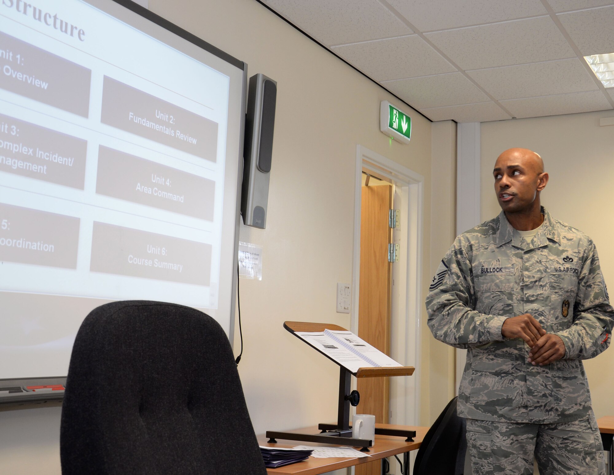 U.S. Air Force Master Sgt. Dion Bullock, 100th Air Refueling Wing readiness inspections superintendent, provides an outline of the National Incident Management System 300/400 course Feb. 18, 2016, on RAF Mildenhall, England. The training was intended for all personnel who are directly involved in emergency management and response. (U.S. Air Force photo by Gina Randall/Released)