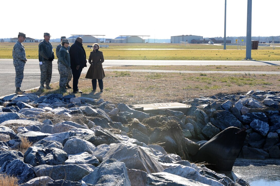 The Honorable Miranda Ballentine, Assistant Secretary of the Air Force for Installations, Environment, and Energy, receives a brief on the shoreline stabilization at Langley Air Force Base, Va., Feb. 18, 2016. A living shoreline is a strategy that uses strategic placements of plants, stones, sand or other structural media to prevent erosion and enhance wetland habitats. (U.S. Air Force photo by Senior Airman Brittany E. N. Murphy)