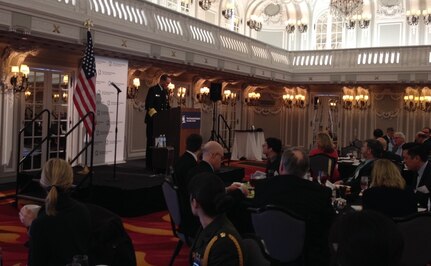 U.S. Navy Adm. Cecil D. Haney, U.S. Strategic Command (USSTRATCOM) commander (at podium), speaks during a luncheon hosted by the Chicago Council on Global Affairs at the Renaissance Blackstone Hotel, Chicago, Ill., Feb. 23, 2016. In his remarks, Haney discussed the complexity and volatility of the global\r\nsecurity environment and how USSTRATCOM addresses emerging threats around the globe, in space or cyberspace. One of nine DoD unified combatant commands, USSTRATCOM has global strategic missions, assigned through the Unified Command Plan, which include strategic deterrence; space operations; cyberspace operations; joint electronic warfare; global strike; missile defense; intelligence, surveillance and reconnaissance; combating weapons of mass destruction; and analysis and targeting. (USSTRATCOM photo by U.S. Navy Capt. Pamela S. Kunze) Transcript at <a href="https://www.stratcom.mil/s159">https://www.stratcom.mil/s159</a>