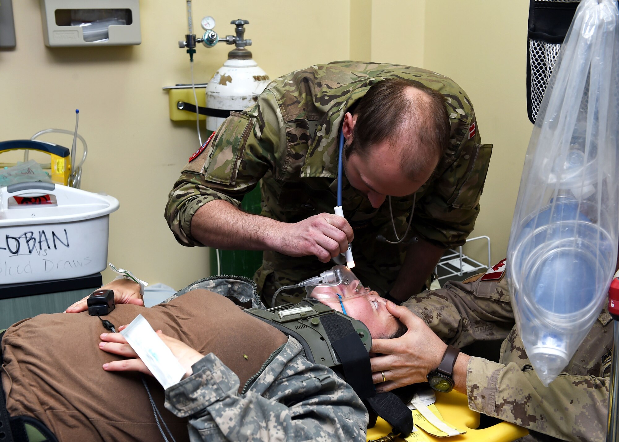 A Danish physician assesses a mock patient during a joint medical exercise at an undisclosed location in Southwest Asia, Feb. 18, 2016. The 386th Air Expeditionary Wing partnered with soldiers from the 41st Combat Aviation Brigade and coalition forces medical personnel to conduct a medical exercise to test readiness and response times for first responders. (U.S. Air Force photo by Staff Sgt. Jerilyn Quintanilla)