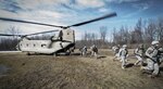 New York Army National Guard Soldiers from C Troop 2nd Squadron 101st Cavalry, from Buffalo, N.Y. simulate being inserted at a landing zone from a U.S. Army CH-47 Chinook helicopter assigned to Company B, 3rd Battalion, 126th Aviation at the Youngstown Local Training Area in Youngstown, N.Y., Feb. 20, 2016. The Soldiers are training in preparation for larger scale exercises to be held throughout the year. 