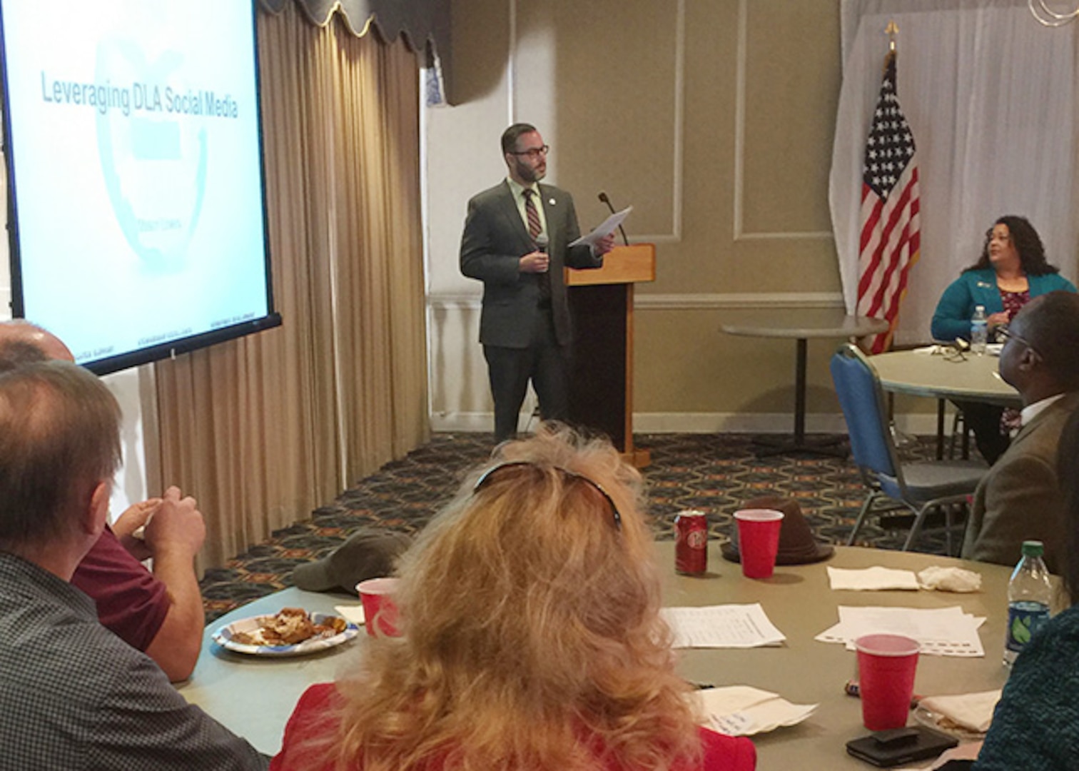 Defense Logistics Agency Headquarters Social Media Manager Mason Lowery presents an overview on social media strategies to public affairs personnel from all across Virginia.  DLA Aviation Public Affairs Office hosted the second Regional Public Affairs luncheon on Feb. 18, 2015 at the Bellwood Club on Defense Supply Center Richmond, Virginia. 