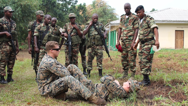 U.S. Marines and sailors are working with Cameroon’s Fusiliers Marins and Compagnie des Palmeurs de Combat to increase their capabilities to combat illicit activity and increase security in the waterways and borders of Cameroon. At the request of the Cameroonian government and through coordination with the U.S. Embassy in Yaounde, Marines and sailors with Special-Purpose Marine Air-Ground Task Force Crisis Response-Africa, are partnering with their military counterparts in infantry tactics in support of their maritime security force capabilities. 