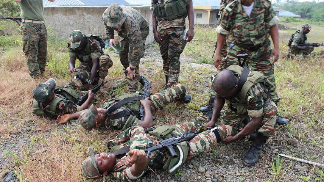 U.S. Marines and sailors are working with Cameroon’s Fusiliers Marins and Compagnie des Palmeurs de Combat to increase their capabilities to combat illicit activity and increase security in the waterways and borders of Cameroon. At the request of the Cameroonian government and through coordination with the U.S. Embassy in Yaounde, Marines and sailors with Special-Purpose Marine Air-Ground Task Force Crisis Response-Africa, are partnering with their military counterparts in infantry tactics in support of their maritime security force capabilities. 