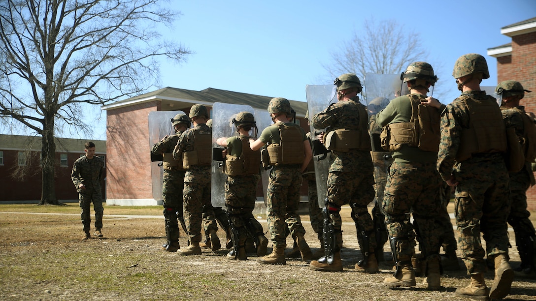 Marines with Combat Logistics Battalion 2 practice formations during non-lethal riot control training at Marine Corps Base Camp Lejeune, N.C., Feb. 18, 2016.  The training is in preparation for the unit’s upcoming Special Purpose Marine Air-Ground Task Force-Crisis Response-Africa deployment later this year. 