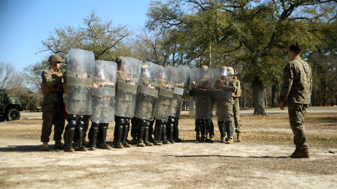 Marines with Combat Logistics Battalion 2 practice formations during non-lethal riot control training at  Marine Corps Base Camp Lejeune, N.C., Feb. 18, 2016. The training is in preparation for the unit’s upcoming Special Purpose Marine Air-Ground Task Force-Crisis Response-Africa deployment later this year. 