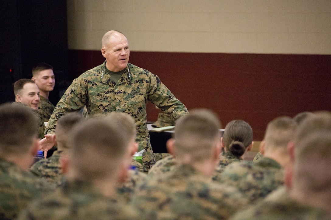 Commandant of the Marine Corps Gen. Robert B. Neller speaks with Marines at Camp Barrett, Marine Corps Base Quantico, Va., Feb. 23, 2016. Neller spoke to Fox Company, The Basic School, about his expectations of Marines and his initial planning guidance. (U.S. Marine Corps photo by Staff Sgt. Gabriela Garcia/Released)