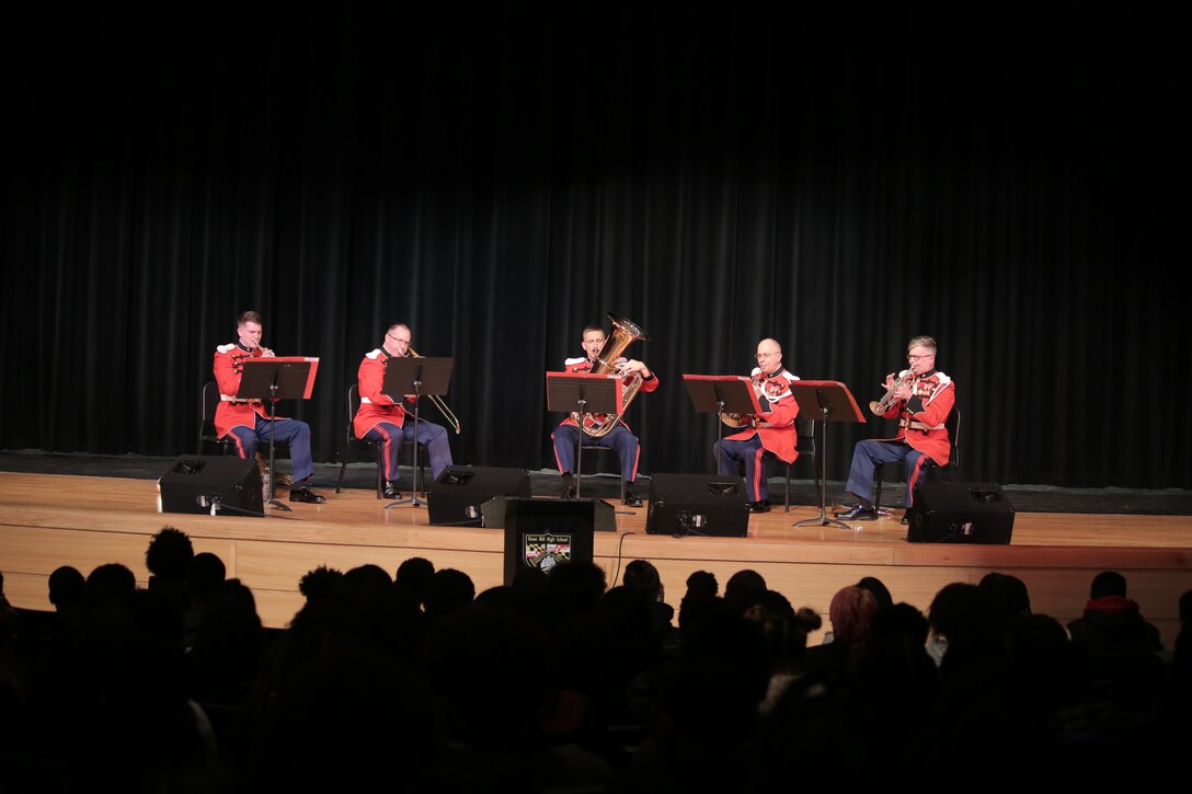 On Feb.  23, 2016, a brass quintet from "The President's Own" performed a Music in the High Schools program for more than 200 students at Oxon Hill High School in Oxon Hill, Md. (U.S. Marine Corps photo by Master Sgt. Kristin duBois/released)