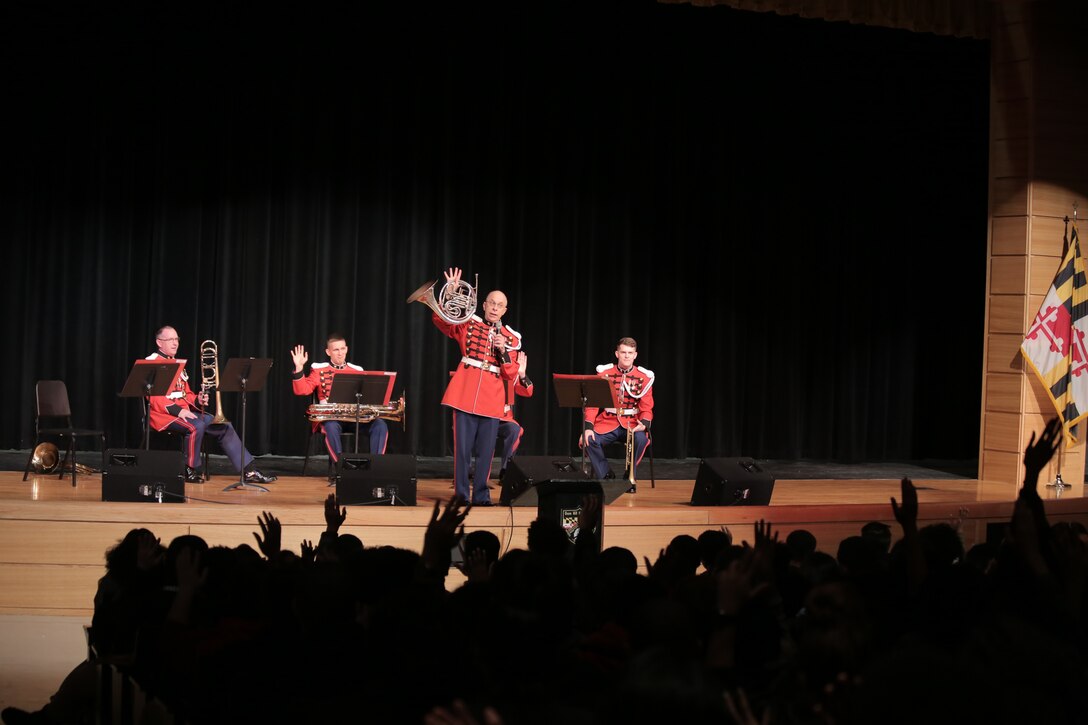 On Feb.  23, 2016, a brass quintet from "The President's Own" performed a Music in the High Schools program for more than 200 students at Oxon Hill High School in Oxon Hill, Md. (U.S. Marine Corps photo by Master Sgt. Kristin duBois/released)