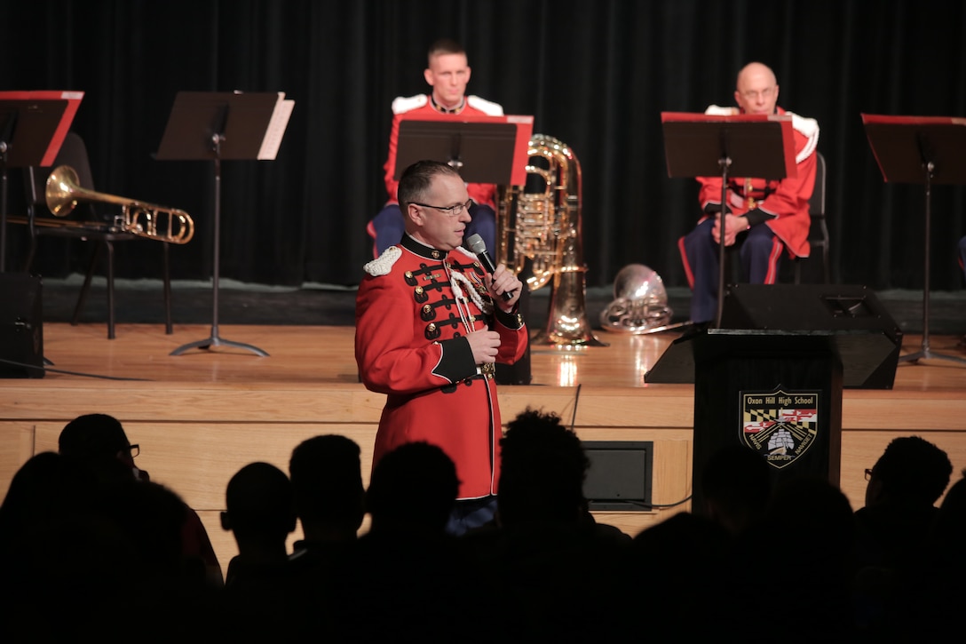 On Feb.  23, 2016, a brass quintet from "The President's Own" performed a Music in the High Schools program for more than 200 students at Oxon Hill High School in Oxon Hill, Md. (U.S. Marine Corps photo by Master Sgt. Kristin duBois/released)