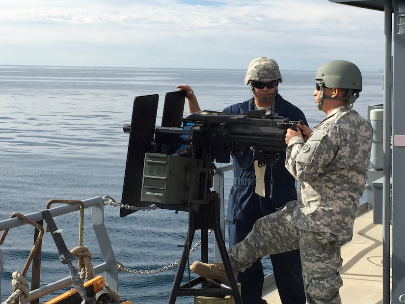 Soldiers of the 481st Transportation Company (Heavy Boat), Naval Base Ventura County, Port Hueneme, aboard the United States Army Vessel Malvern Hill, conducted a live fire exercise, also known to Army mariners as a “Wet Range,” where Soldiers engaged targets on the water while their vessel was underway, using various vehicle mounted and hand carried weapons Jan. 27. (Photo by Lt. Col. Kevin McKenzie) 