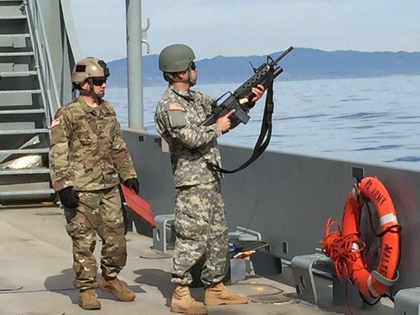 Soldiers of the 481st Transportation Company (Heavy Boat), Naval Base Ventura County, Port Hueneme, aboard the United States Army Vessel Malvern Hill, conducted a live fire exercise, also known to Army mariners as a “Wet Range,” where Soldiers engaged targets on the water while their vessel was underway, using various vehicle mounted and hand carried weapons Jan. 27. (Photo by Lt. Col. Kevin McKenzie)