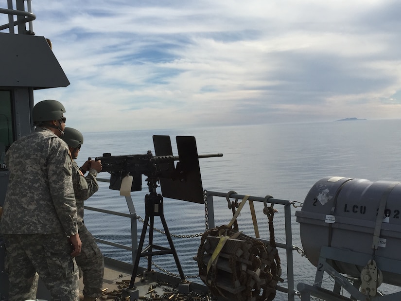 Soldiers of the 481st Transportation Company (Heavy Boat), Naval Base Ventura County, Port Hueneme, aboard the United States Army Vessel Malvern Hill, conducted a live fire exercise, also known to Army mariners as a “Wet Range,” where Soldiers engaged targets on the water while their vessel was underway, using various vehicle mounted and hand carried weapons Jan. 27. (Photo by Lt. Col. Kevin McKenzie) 