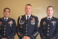 Louisville, Ky. The 100th Training Division's Command Sergeant Major, CSM Lombardo, poses for a photo, at The Association of the Century's Annual Awards Luncheon in Louisville, KY. Pictured with him are (left) MSG Raymundo Soto, 1st BDE (MI), 6/95th MI Regiment, 100th Division (OS), San Antonio, TX, and SSG Jordan Stubblefield (right), 1st BDE (MI), 11/100th Regiment, 100th Division (OS), Fort McCoy, WI. MSG Raymundo is the winner of the 100th Training Division's and 80th Training Command's Instructor of the Year Competition. Following his wins, he advanced to compete in USARC's and TRADOC's competitions, where he earned the title of TRADOC's Instructor of the Year. SSG Stubblefield is the winner of the 100th Training Division's and 80th Training Command's Best Warrior (NCO Div), Competition. He advanced to the USARC level, where he finished 5th place overall. Congratulations to both of these outstanding Soldiers!! Train em' Tough! (Army photo by: 1LT Alicia Carver, 100th TD)