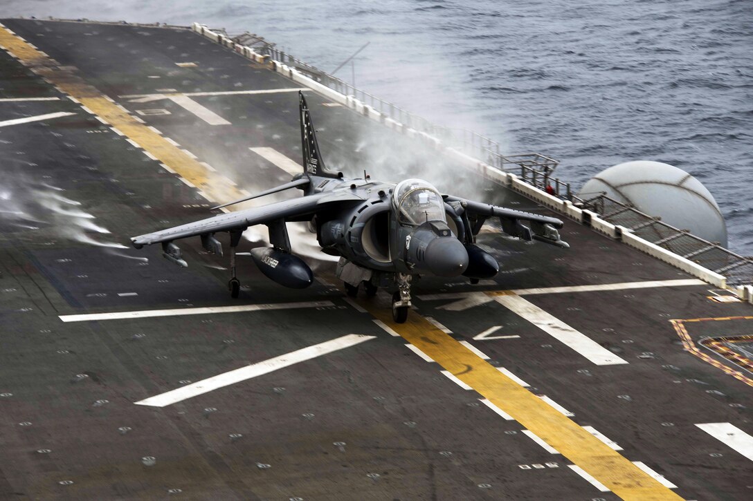 An AV-8B Harrier takes off from the flight deck of the USS Bonhomme Richard at sea, Feb. 23, 2016. The aircraft is assigned to Marine Attack Squadron 214. Navy photo by Petty Officer 3rd Class Cameron McCulloch