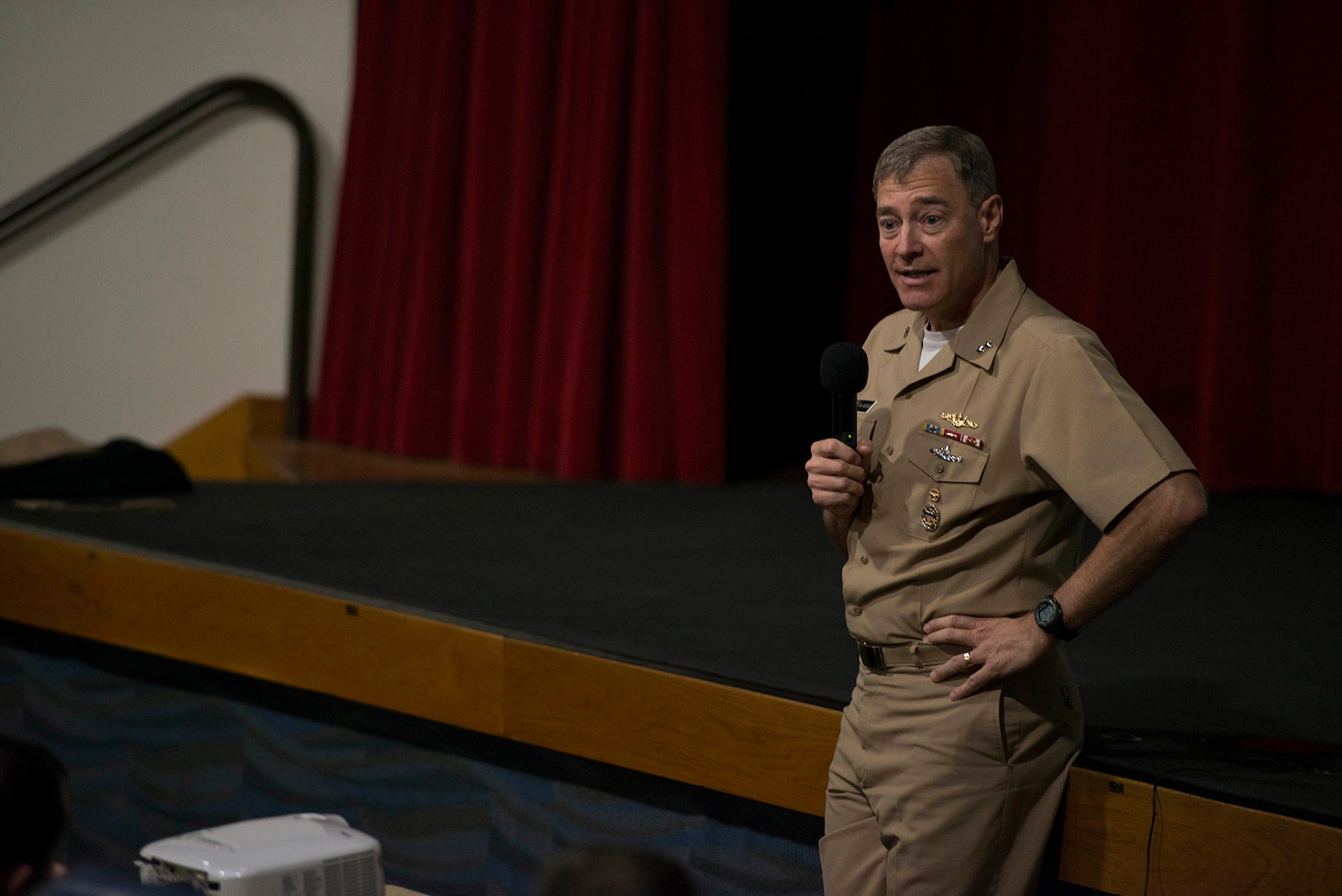 BANGOR, Wash. (Feb. 23, 2016) - Rear Adm. Frederick J. Roegge, commander, Submarine Force U.S. Pacific Fleet, speaks to Sailors about the submarine force Commander's Intent during an all-hands call at Naval Base Kitsap-Bangor. During his two-day visit to the Pacific Northwest, Roegge spent time visiting Sailors on submarines in both the shipyard and on the waterfront. (U.S. Navy photo by Mass Communication Specialist 2nd Class Amanda Gray/Released)