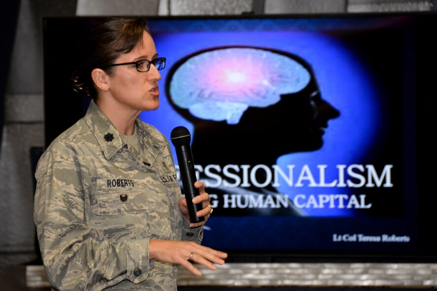 Lt. Col. Teresa Roberts, Profession of Arms Center of Excellence director of operations, kicks off the Impact of the Human Element Seminar at Barksdale Air Force Base, La., Feb. 16, 2016. PACE representatives visit various bases to encourage motivated individuals to become better people, and in turn, better leaders. (U.S. Air Force photo/Senior Airman Amanda Morris)