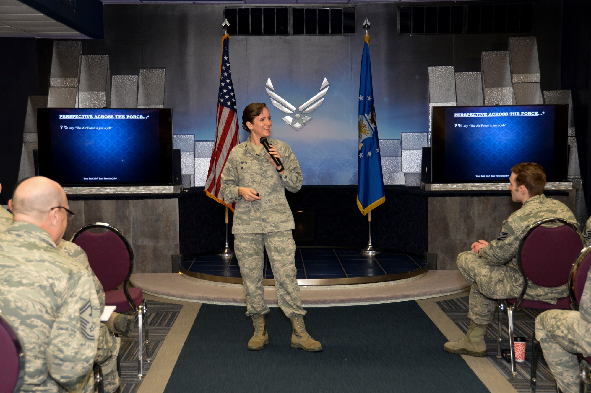 Lt. Col. Teresa Roberts, Profession of Arms Center of Excellence director of operations, encourages Airmen to be better leaders during the Impact of the Human Element Seminar at Barksdale Air Force Base, La., Feb. 16, 2016. PACE is an organization focused on strengthening and enhancing professionalism in Airmen, civilians and family members associated with the Air Force. U.S. Air Force photo/Senior Airman Amanda Morris)