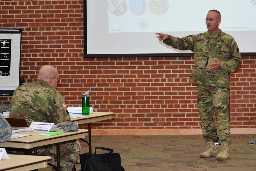 Command Sgt. Maj. Jeff Darlington, the 80th Training Command senior noncommissioned officer, addresses leaders representing subordinate units from across the command marking the start of the Family Programs office’s three day long Chain of Command training.