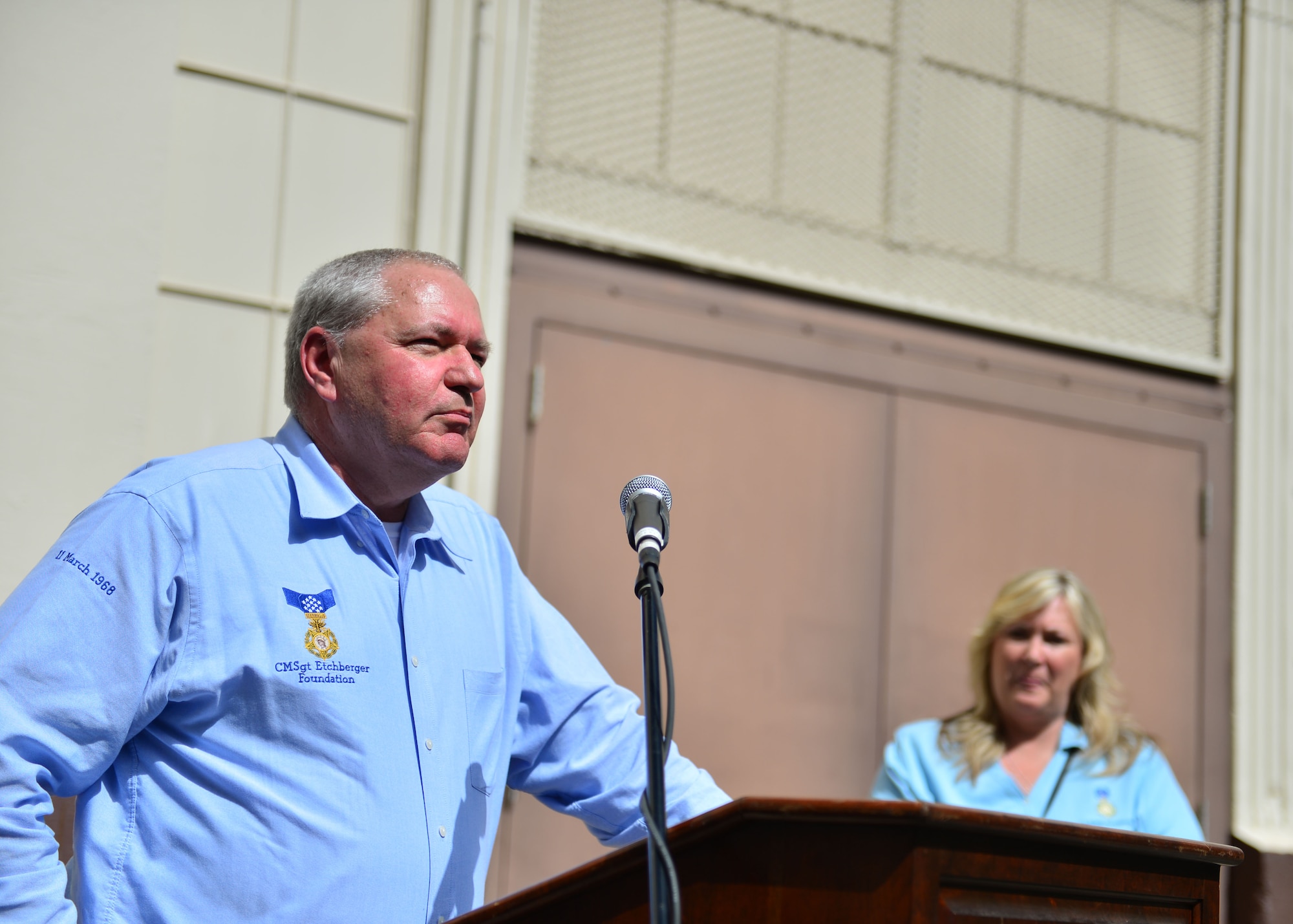 Cory Etchberger, the son of Chief Master Sgt. Richard Etchberger, talks during the ground-breaking ceremony for the Chief Master Sargent Richard Etchberger Cyber Operations Center on Joint Base Pearl Harbor Hickam, Hawaii, Feb 17, 2016. Etchberger visited JBPHH to attend the Medal of Honor Rededication ceremony in honor of Chief Master Sgt. Richard Etchberger. (U.S. Air Force photo by Tech. Sgt. Aaron Oelrich/Released)