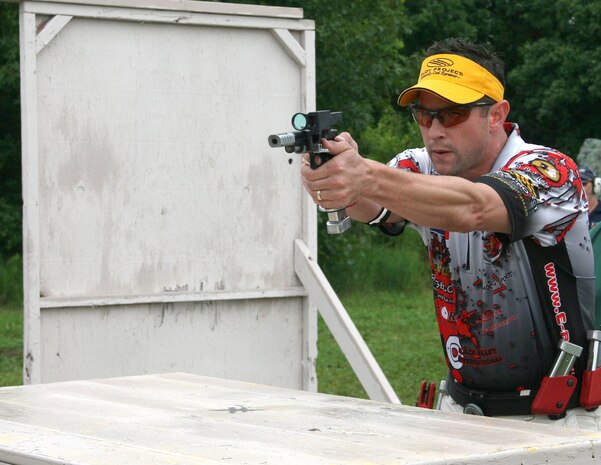 Huntsville Center civil engineer and administration contracting officer Darren Mulford competes at a USPSA shooting event. Also a part-time gunsmith, he builds all of his competition handguns. (Courtesy photo)
