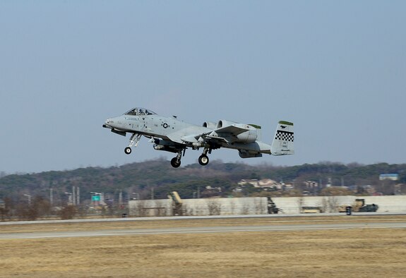 A U.S. Air Force A-10 Thunderbolt II takes off during Buddy Wing 16-2 at Osan Air Base, Republic of Korea, Feb. 23, 2016. Buddy Wing 16-2 is an ongoing program to train U.S. Air Force and ROKAF pilots to fight together in the event of real world contingencies. (U.S. Air Force photo by Senior Airman Kristin High/Released)