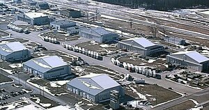This aerial photo shows truck trailers at Selfridge Air National Guard Base, staged for delivery to Flint, Mich., during water delivery efforts there. The Federal Emergency Management Agency and the Michigan National Guard are working closely together, along with other city and state agencies, to supply bottled water and water filters to Flint residents. (U.S. Air National Guard photo)