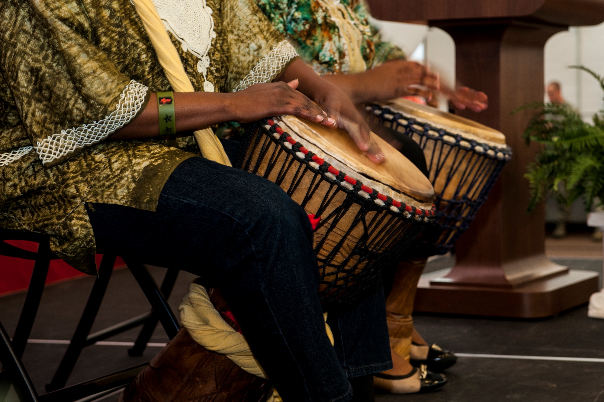 Members of the Family of Aya play the drums during Diversity Day, Feb. 23, 2016, at Moody Air Force Base, Ga. The Family of Aya performance honored the African heritage with a traditional song and dance. (U.S. Air Force photo by Airman 1st Class Lauren M. Johnson/Released)