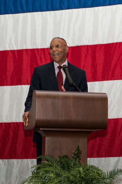 Retired U.S. Air Force Gen. Larry Spencer, former Vice Chief of Staff of the Air Force, gives a speech during Diversity Day, Feb. 23, 2016, at Moody Air Force Base, Ga. Spencer spoke of his past experiences and challenges related to diversity and encouraged Airmen to follow their dreams. (U.S. Air Force photo by Airman 1st Class Lauren M. Johnson/Released)