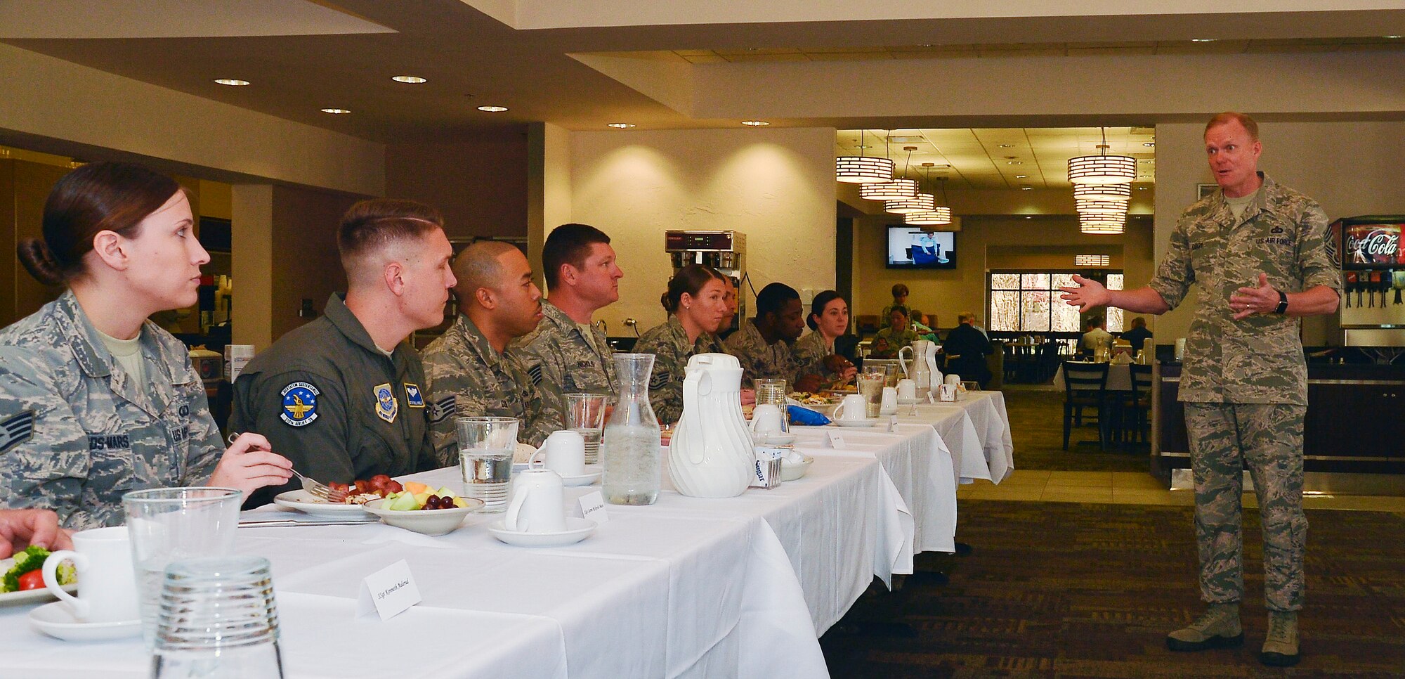 Chief Master Sgt. of the Air Force James A. Cody answers a question during an NCO lunch at MacDill Air Force Base, Fla., Feb. 22, 2016. Cody offered a senior leader’s perspective on current Air Force topics, engaged with NCOs on their positions within their organizations and the proper steps toward mission success. (U.S. Air Force photo by Senior Airman Jenay Randolph)