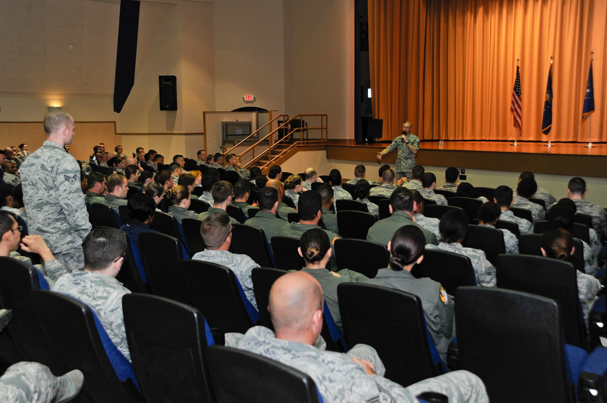 Chief Master Sgt. of the Air Force James A. Cody answers an Airman’s question during an all call at MacDill Air Force Base, Fla., Feb. 22, 2016. Cody spoke to Airmen and addressed their concerns about various topics ranging from the new enlisted performance report system to retirement plans. During his visit to MacDill, Cody toured the base and spoke with Airmen at all levels. (U.S. Air Force photo by Airman 1st Class Mariette Adams)