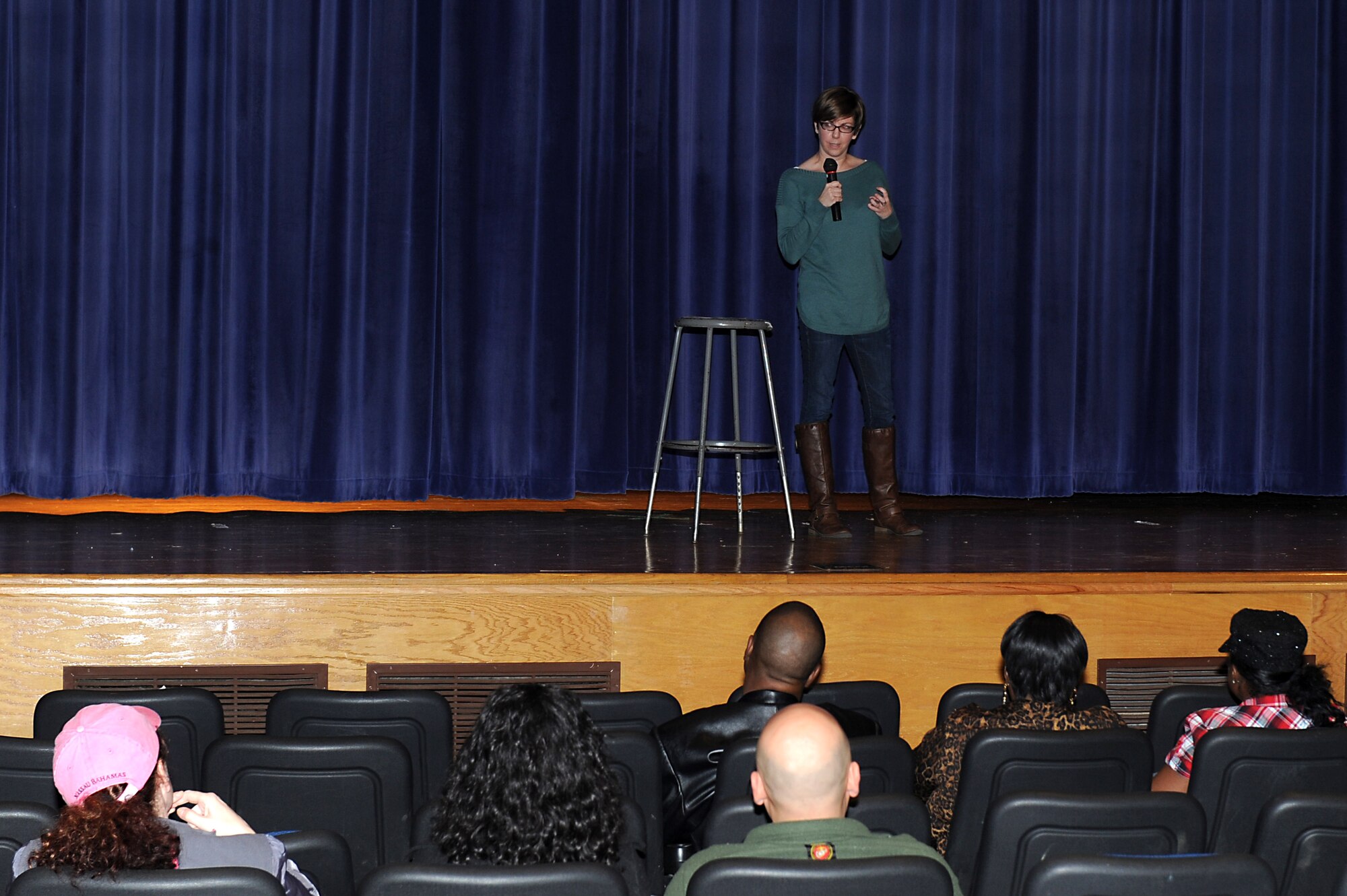 Kerry Solan, a U.S. Air Force veteran, performs during the Saturday Night Comedy show at Langley Air Force Base, Va., Feb. 20, 2016.  The comedy show is one of many events the Community Commons hosts for Joint Base Langley-Eustis for Service members and their families, as part of the Recharge for Resiliency program. (U.S. Air Force photo by Senior Airman Brittany E. N. Murphy)