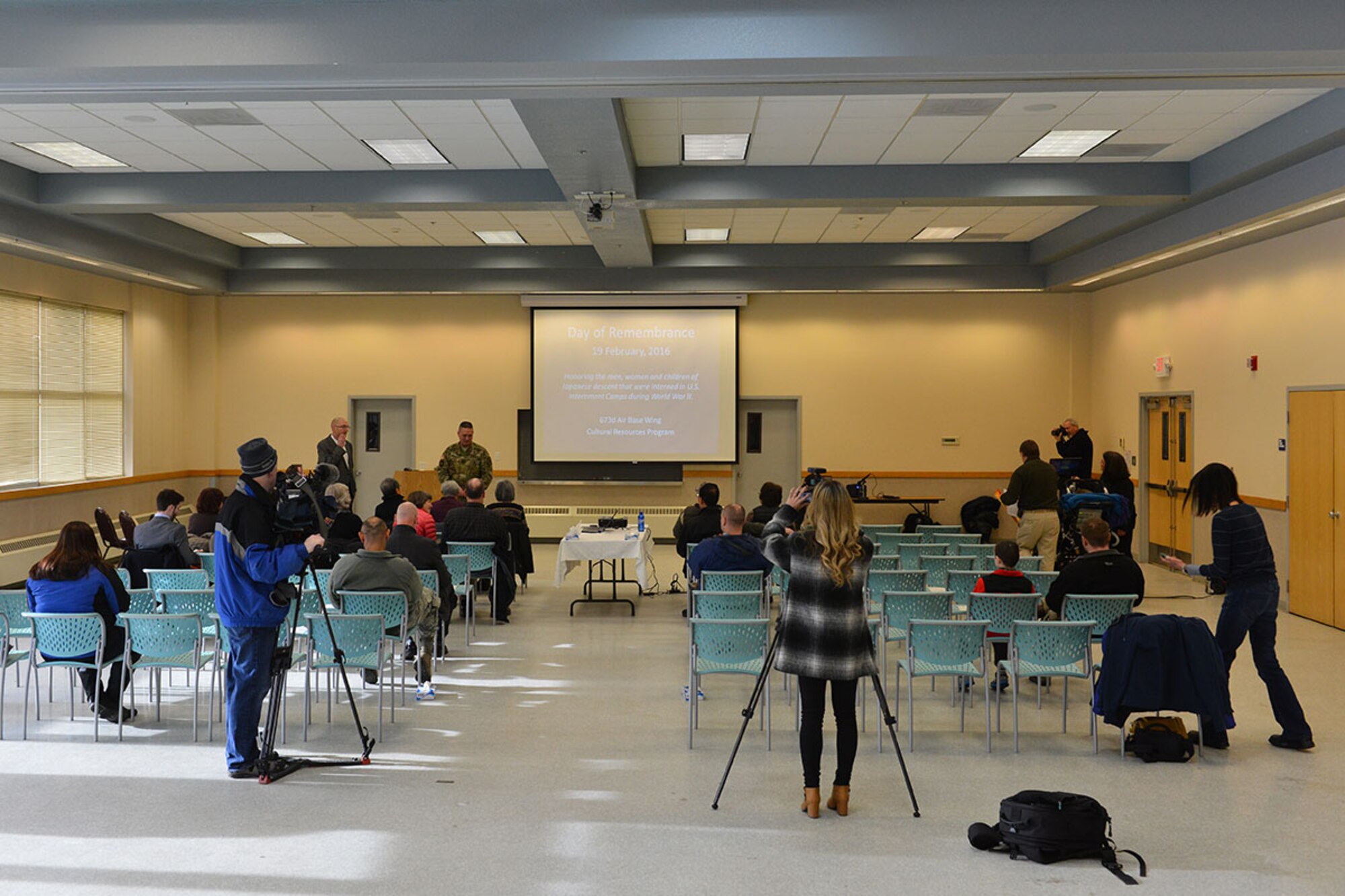 Many local media outlets showed up Feb. 19 at the Army Reserve Center to cover Joint Base Elmendorf-Richardson's Day of Remembrance ceremony. The ceremony highlighted findings on JBER-Richardson's internment camp and was held in honor of the men, women, and children of Japanese descent who were interned by the U.S. during World War II. (U.S. Air Force photo by Airman 1st Class Kyle Johnson)