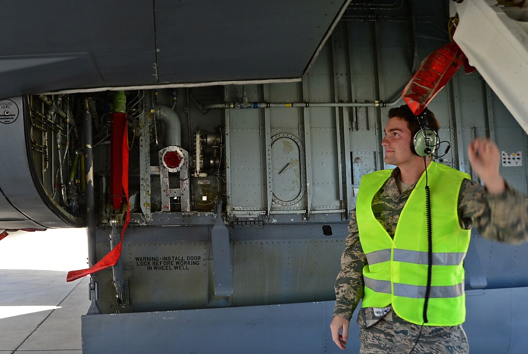 U.S. Air Force Staff Sgt. Shawn Lamaster, 100th Aircraft Maintenance Squadron communications/navigation specialist, performs routine maintenance procedures on a KC-135 Stratotanker assigned to RAF Mildenhall, England, at Istres-Le Tubé Air Base, France, Feb. 23, 2016. Airmen arrived in France to continue to provide air refueling and airlift support of French operations in Mali and North Africa in support of Operation Juniper Micron. (U.S. Air Force photo by Senior Airman Erin Trower/Released)