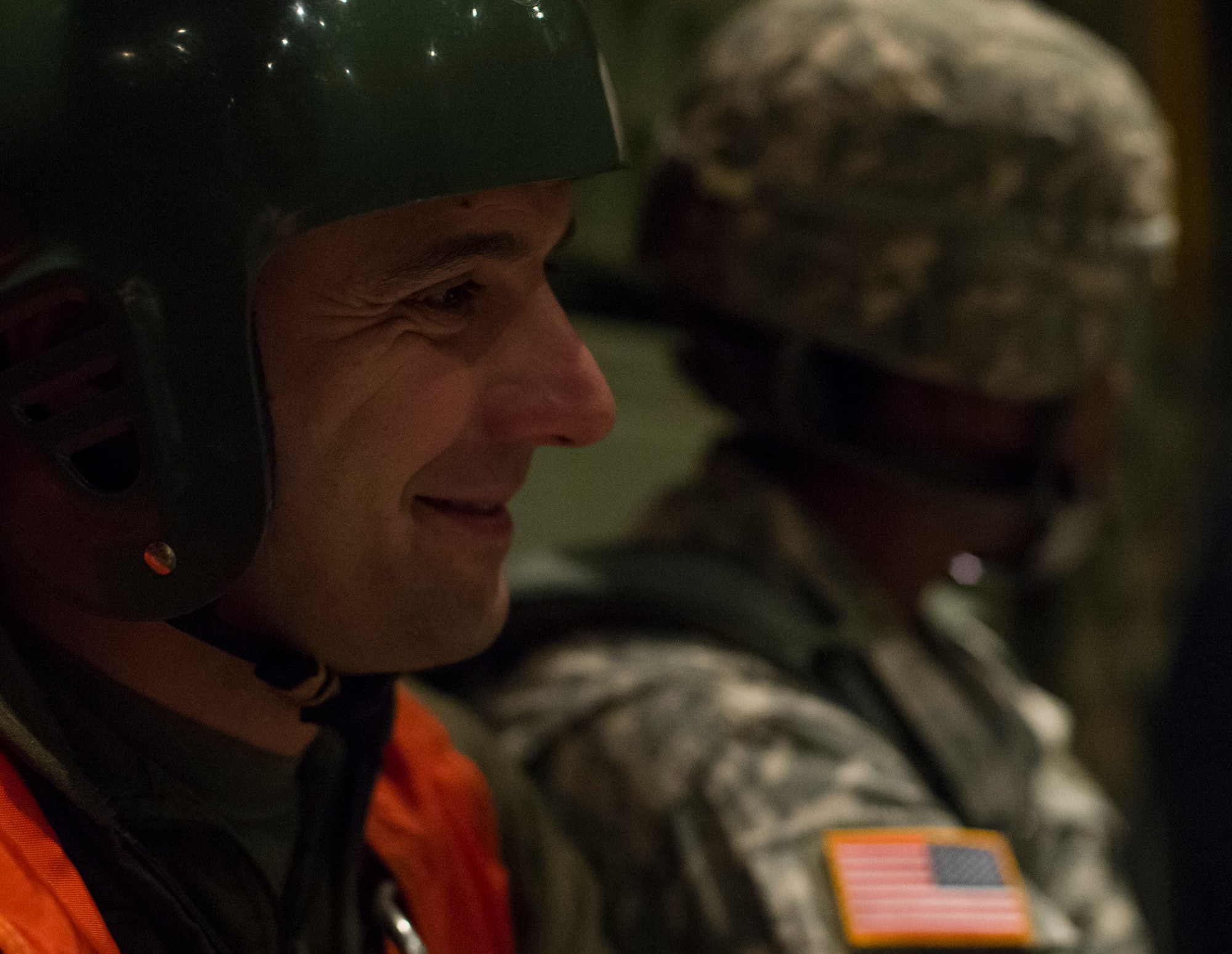 A Portuguese jumpmaster smiles with excitement before taking off in a C-130J Super Hercules assigned to the 37th Airlift Squadron as part of exercise Real Thaw 16 Feb. 22, 2016, in Beja, Portugal. The 37th AS and U.S. Army soldiers supported approximately 70 Portuguese paratroopers during the event. (U.S. Air Force photo/Senior Airman Jonathan Stefanko)