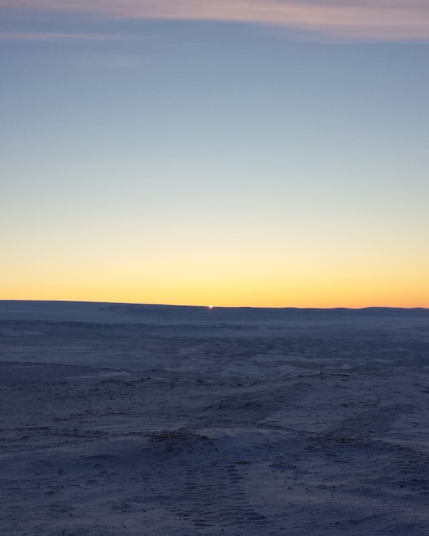 THULE AIR BASE, Greenland – The sun visited Thule on Feb. 11, 2016 for a total of 60-seconds before setting again. Because of its northern location, Thule experiences constant darkness from November until February and constant sunlight from May to August. Average winter temperatures range from 13 to 20 degrees below zero. (courtesy photo)