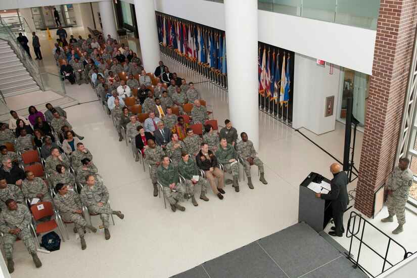 Anthony T. Browder, Information Knowledge Growth Cultural Resources director, speaks during a Black History Month finale event at Joint Base Andrews, Md., Feb. 24, 2016. More than 100 JBA members attended the event. The theme for this year’s Black History Month is Hallowed Grounds: Sites of African American Memories. (U.S. Air Force photo by Senior Airman Dylan Nuckolls/Released)