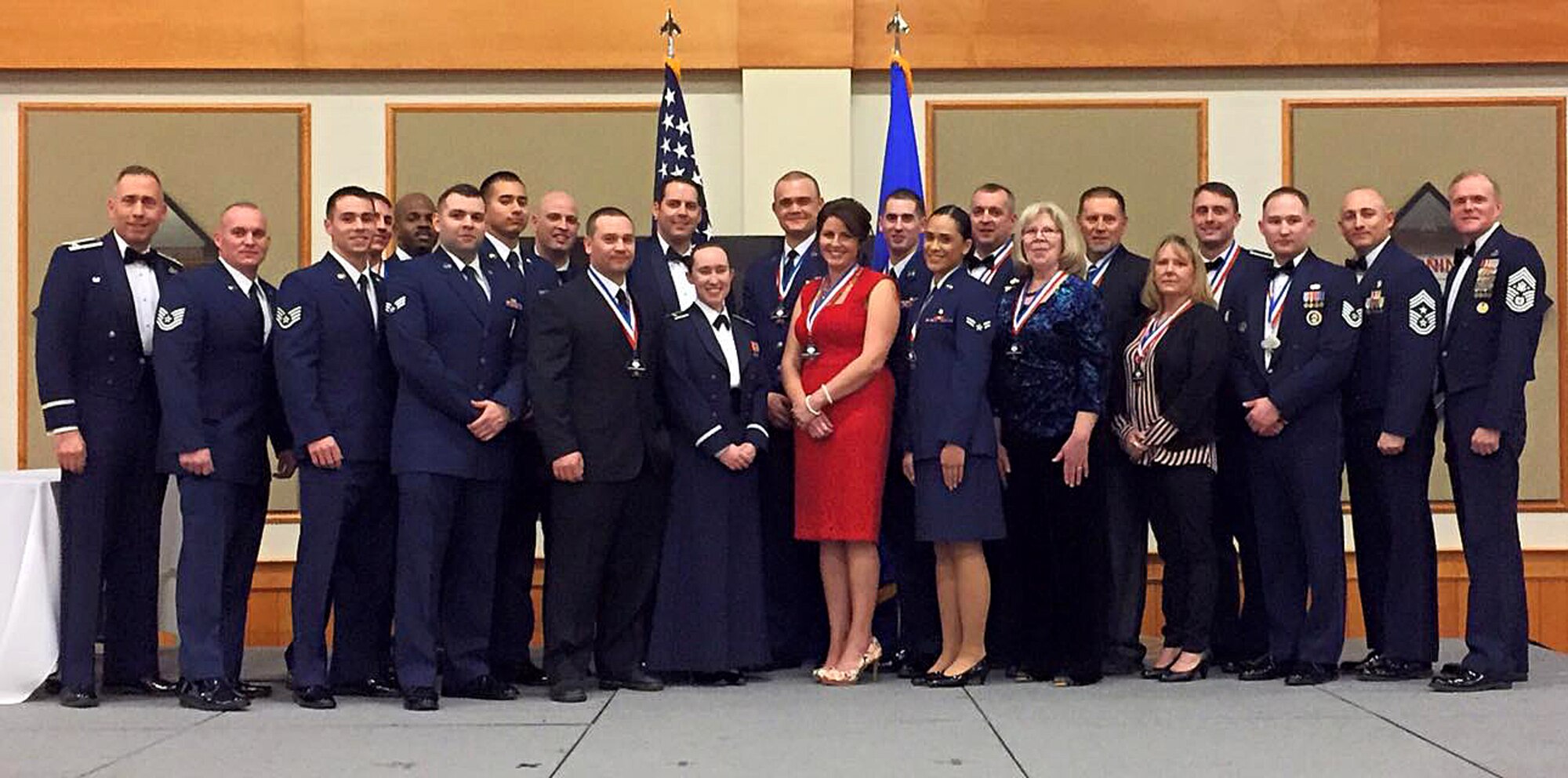 Winners of the 2015 Annual Awards banquet pose for a photograph at the Grizzly Bend Feb. 19, 2016, at Malmstrom Air Force Base, Mont. Winners took home prizes in 14 award categories. (Courtesy photo)  