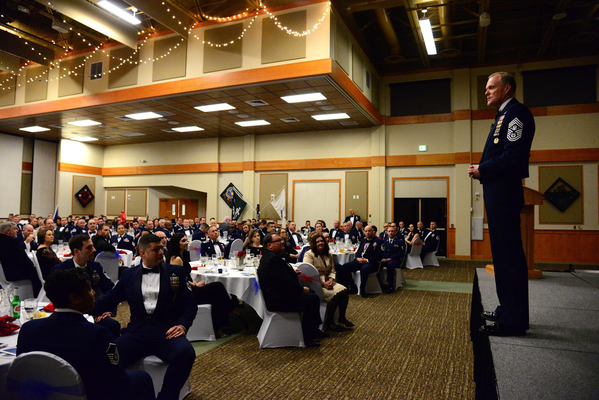 Chief Master Sergeant of the Air Force James A. Cody, right, gives his closing remarks during the 2015 Annual Awards banquet at the Grizzly Bend Feb. 19., 2016, at Malmstrom Air Force Base, Mont. Cody spoke on the accomplishments of the wing, its Airmen, and the hard work of the shops and offices that make Malmstrom’s mission possible. (U.S. Air Force photo/ Airman 1st Class Magen Reeves) 
